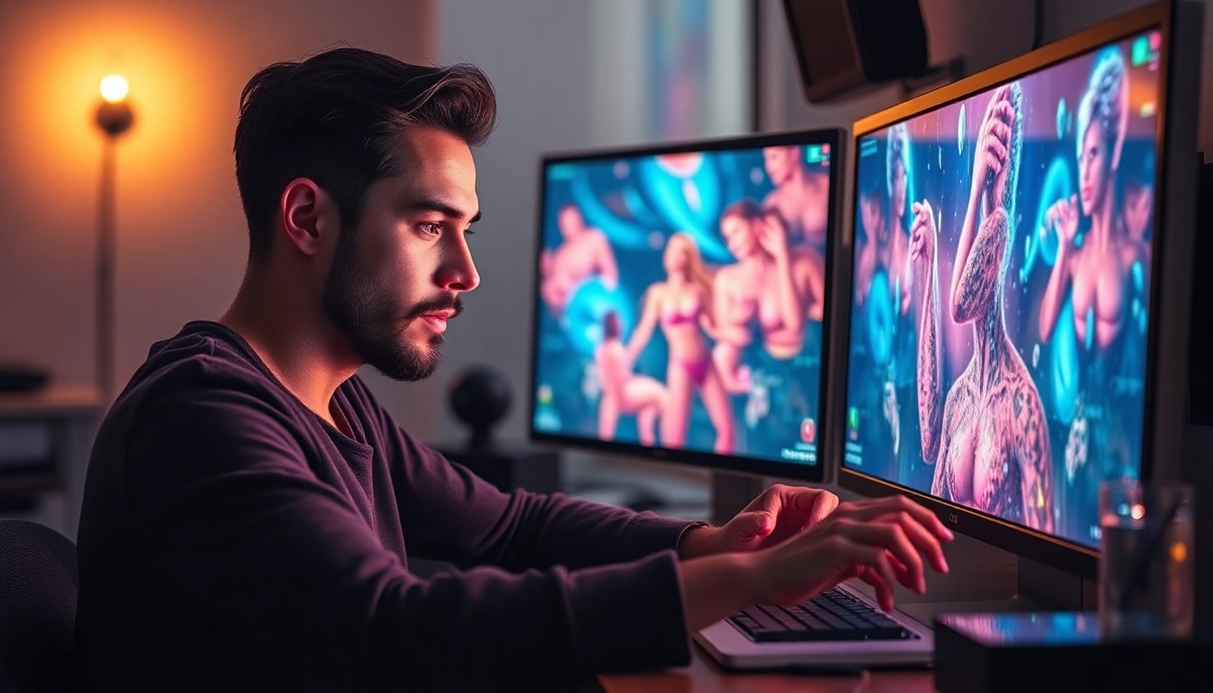 Detailed depiction of an NSFW AI generator creating realistic and customizable adult visuals in a contemporary art studio.