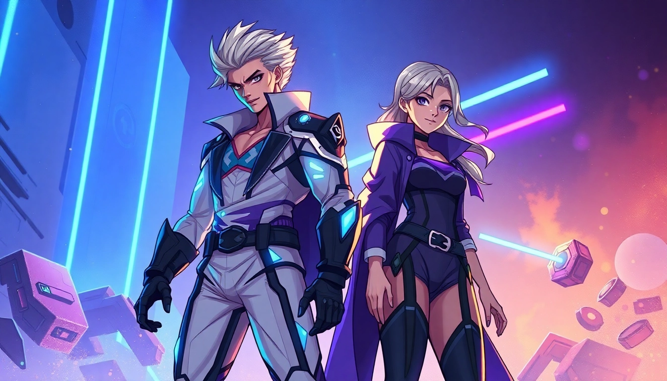 Digital illustration of two characters representing the Omegaverse, one alpha and one omega, in a sci-fi fantasy setting with neon lighting.