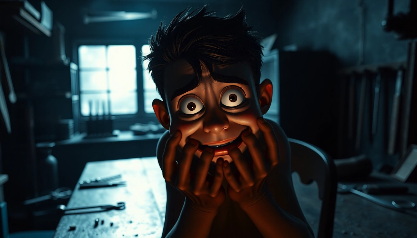 A disturbing scene of Harvey in a dark room, showing signs of pain with tools and shadows creating a tense, unsettling atmosphere.