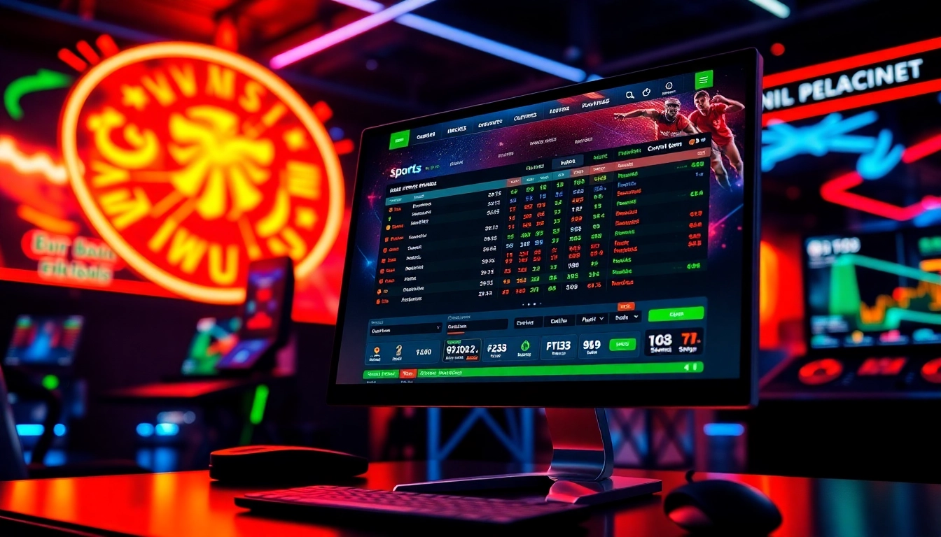 An engaging image of a modern online sportsbook interface on a computer screen, filled with betting odds and sports scores, set in a vibrant gaming environment.